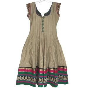 Indian Ethnic Anarkali Dress Sequin Embroidery Beige Pink Green Boho Bollywood S